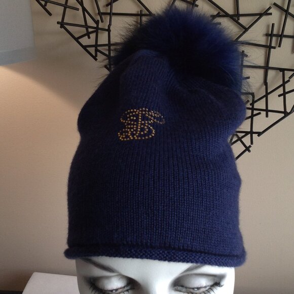 Lindo F Dark Blue Rhinestone Logo Merino Wool Real Fur Pom Pom Hat main image 6